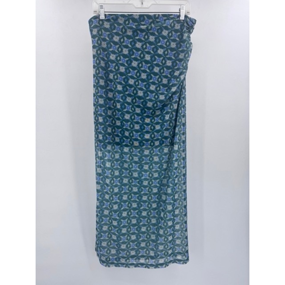 Free People Teal Floral Mesh Ruched Maxi Skirt XL Side Slit Whimsigoth Ruched